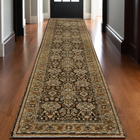 12' Brown And Gold Oriental Runner Rug
