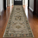 12' Gray And Green Tribal Runner Rug