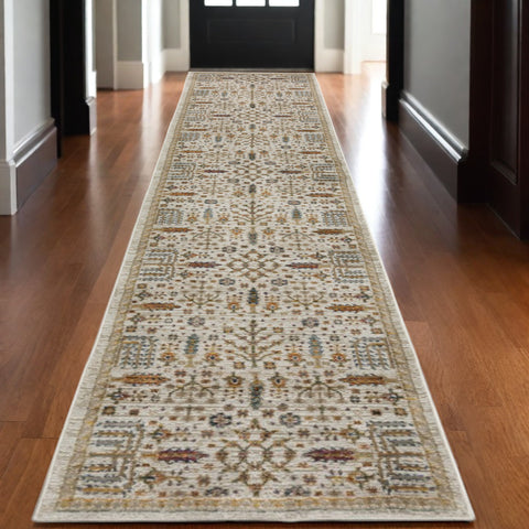 12' Ivory And Gold Oriental Runner Rug