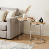 Set of Two Natural And Silver Solid Wood And Iron Round Frame Nested Tables