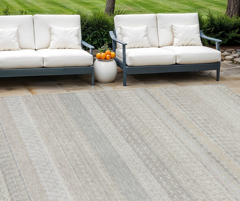 8' X 10' Ivory Striped Washable Indoor Outdoor Area Rug