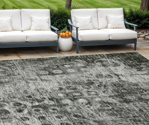 8' X 10' Charcoal Ikat Washable Indoor Outdoor Area Rug