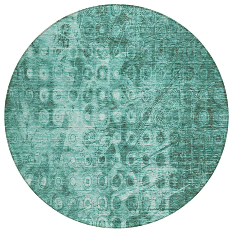 8' Teal Blue Round Ikat Washable Indoor Outdoor Area Rug