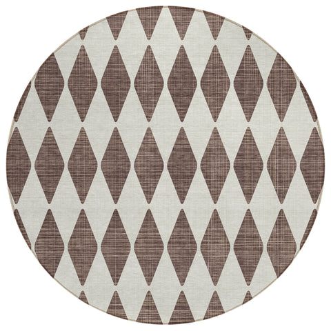 8' Brown Round Geometric Washable Indoor Outdoor Area Rug