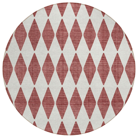 8' Burgundy Round Geometric Washable Indoor Outdoor Area Rug