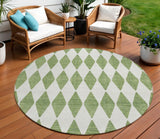 8' Green And Ivory Round Geometric Washable Indoor Outdoor Area Rug