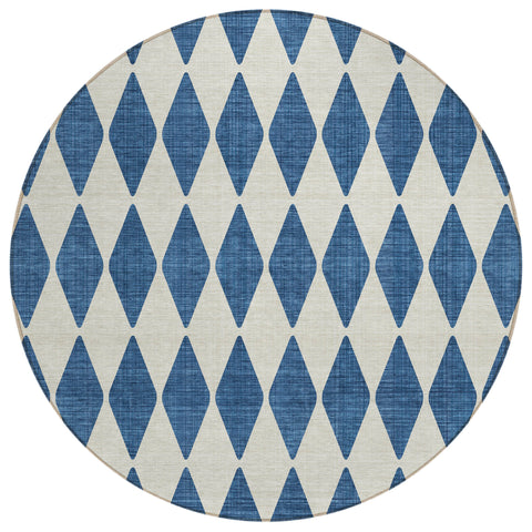 8' Navy Blue And Ivory Round Geometric Washable Indoor Outdoor Area Rug