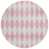 8' Pink And Ivory Round Geometric Washable Indoor Outdoor Area Rug