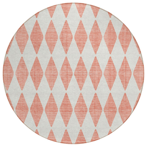 8' Salmon And Ivory Round Geometric Washable Indoor Outdoor Area Rug