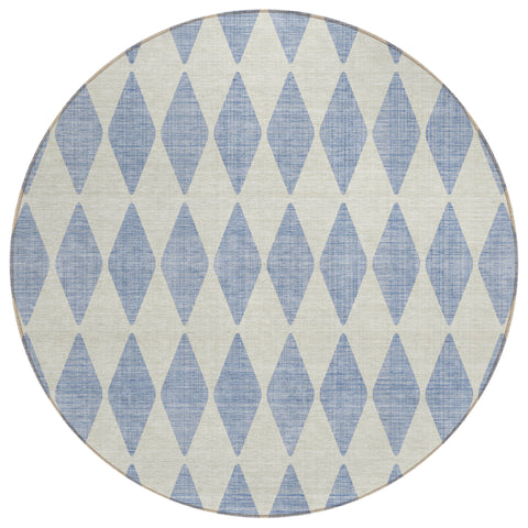 8' Sky Blue And Ivory Round Geometric Washable Indoor Outdoor Area Rug