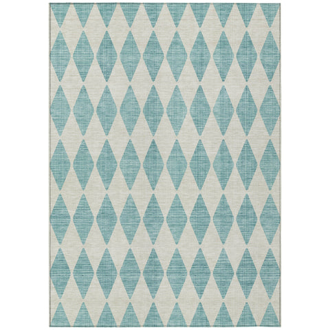 8' X 10' Teal Blue And Ivory Geometric Washable Indoor Outdoor Area Rug