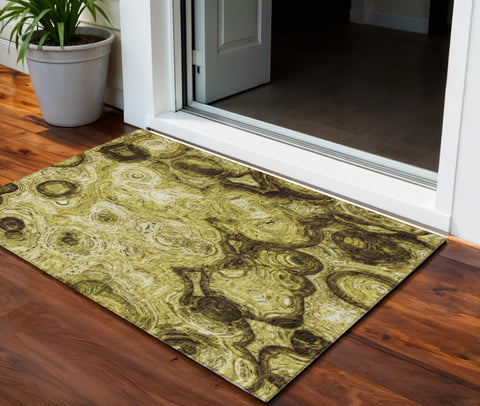 3' X 5' Gold Wheat And Chocolate Abstract Washable Indoor Outdoor Area Rug