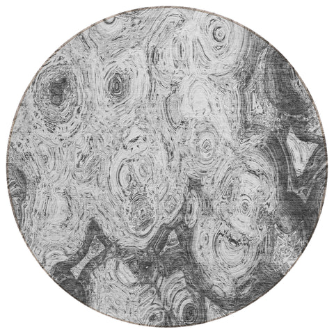 8' Gray Silver And Charcoal Round Abstract Washable Indoor Outdoor Area Rug