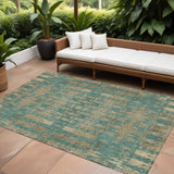 8' X 10' Teal Blue Taupe And Beige Moroccan Washable Indoor Outdoor Area Rug