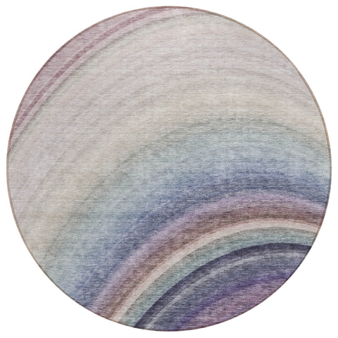 8' Beige Purple And Ivory Round Abstract Washable Indoor Outdoor Area Rug