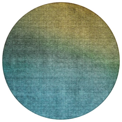 8' Brown Blue And Taupe Round Ombre Washable Indoor Outdoor Area Rug