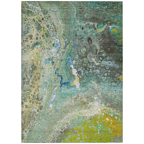 5' X 8' Teal Blue Lime Green And Green Abstract Washable Indoor Outdoor Area Rug