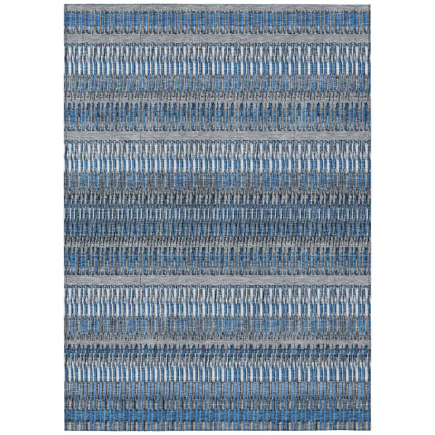5' X 8' Denim Blue And Ivory Striped Washable Indoor Outdoor Area Rug