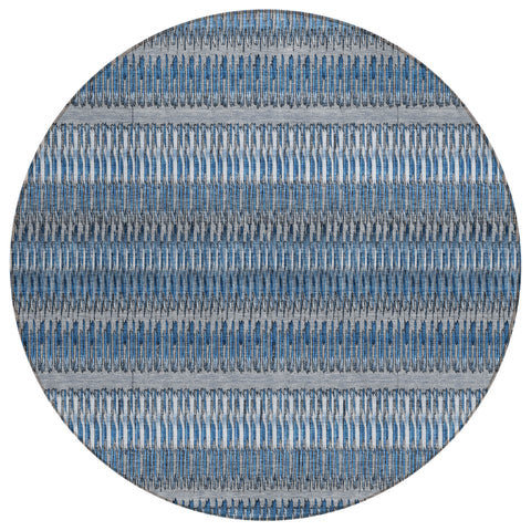 8' Denim Blue And Ivory Round Striped Washable Indoor Outdoor Area Rug