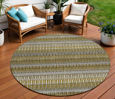 8' Coffee And Taupe Round Striped Washable Indoor Outdoor Area Rug
