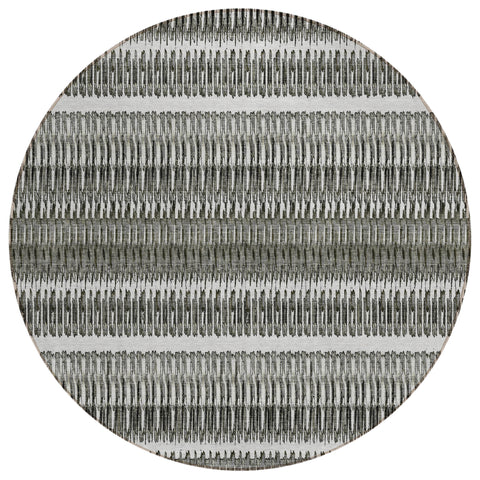 8' Gray Charcoal And Ivory Round Striped Washable Indoor Outdoor Area Rug