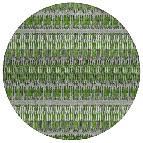 8' Green And Ivory Round Striped Washable Indoor Outdoor Area Rug