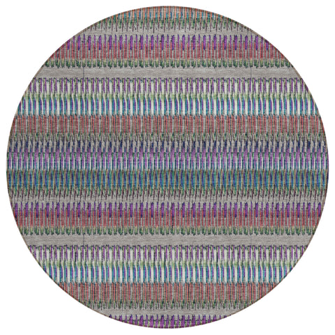 8' Taupe Purple And Blue Round Striped Washable Indoor Outdoor Area Rug