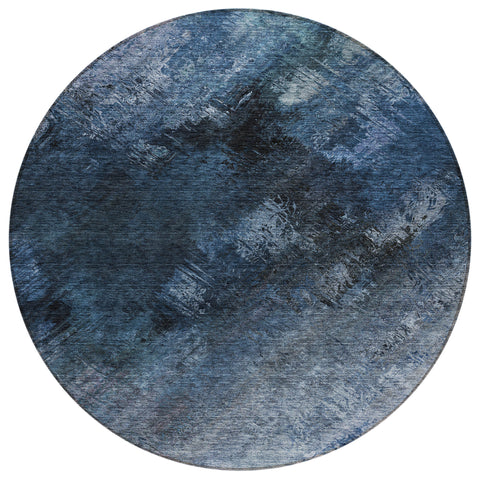 8' Navy Blue And Denim Blue Round Abstract Washable Indoor Outdoor Area Rug