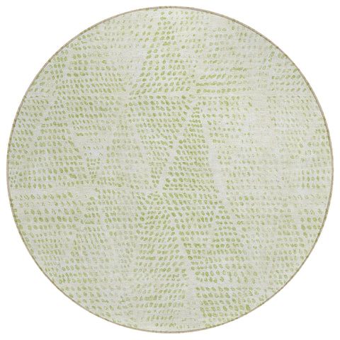 8' Artichoke Green And Ivory Round Geometric Washable Indoor Outdoor Area Rug