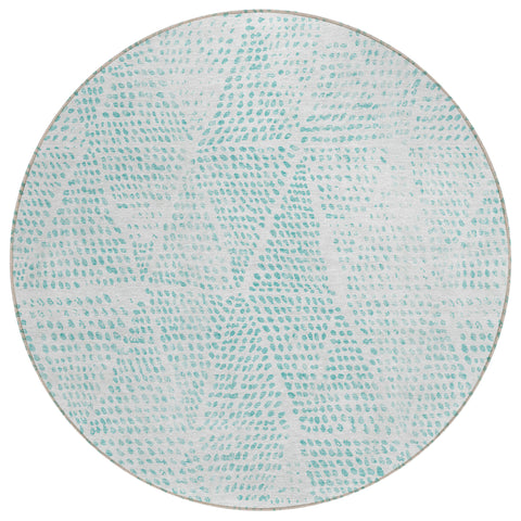 8' Aqua And Ivory Round Geometric Washable Indoor Outdoor Area Rug