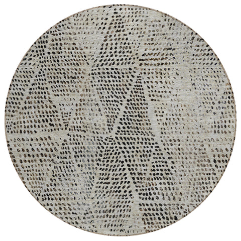 8' Gray Beige And Black Round Geometric Washable Indoor Outdoor Area Rug