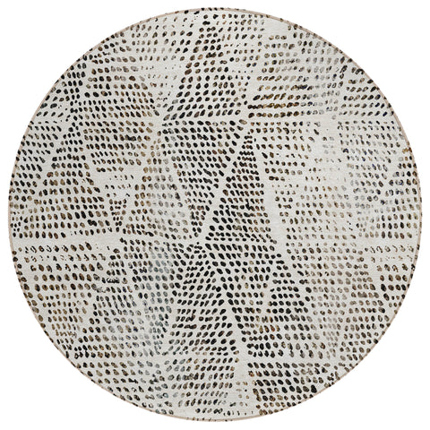8' Ivory Charcoal And Beige Round Geometric Washable Indoor Outdoor Area Rug