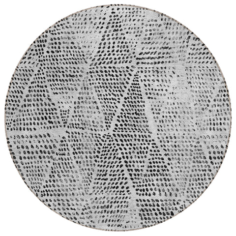 8' Pewter Charcoal And Ivory Round Geometric Washable Indoor Outdoor Area Rug