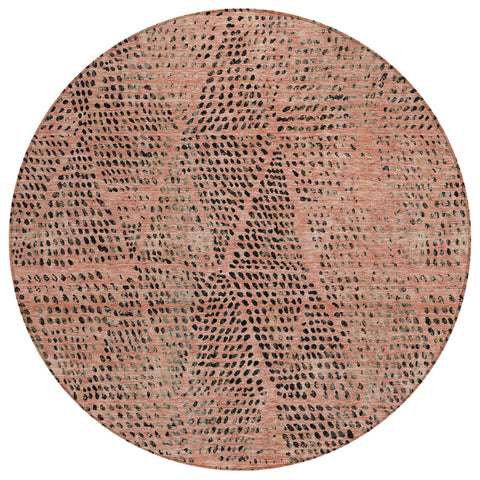 8' Salmon Charcoal And Beige Round Geometric Washable Indoor Outdoor Area Rug