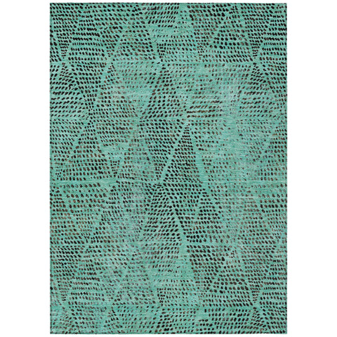 8' X 10' Teal Blue And Charcoal Geometric Washable Indoor Outdoor Area Rug
