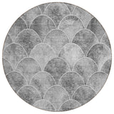8' Gray Charcoal And Ivory Round Abstract Washable Indoor Outdoor Area Rug