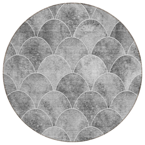 8' Gray Charcoal And Ivory Round Abstract Washable Indoor Outdoor Area Rug