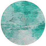 8' Teal Blue Aqua And Silver Round Abstract Washable Indoor Outdoor Area Rug