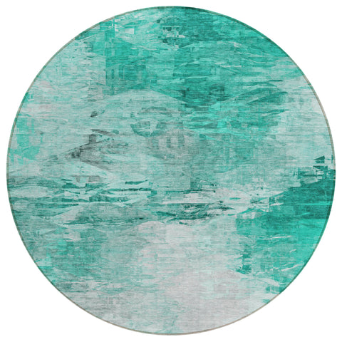 8' Teal Blue Aqua And Silver Round Abstract Washable Indoor Outdoor Area Rug
