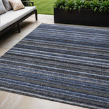 5' X 8' Denim Blue And Gray Striped Washable Indoor Outdoor Area Rug