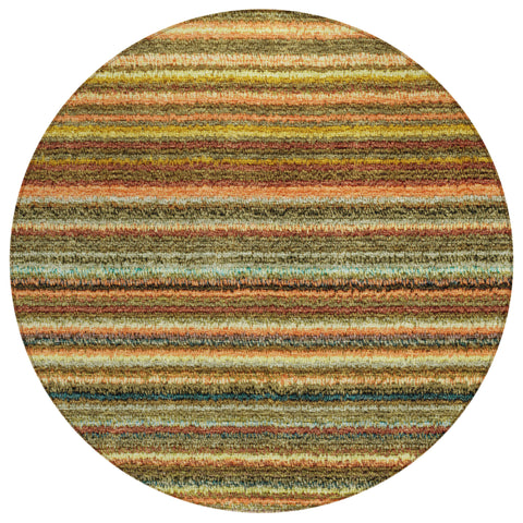8' Coral Gold And Green Round Striped Washable Indoor Outdoor Area Rug