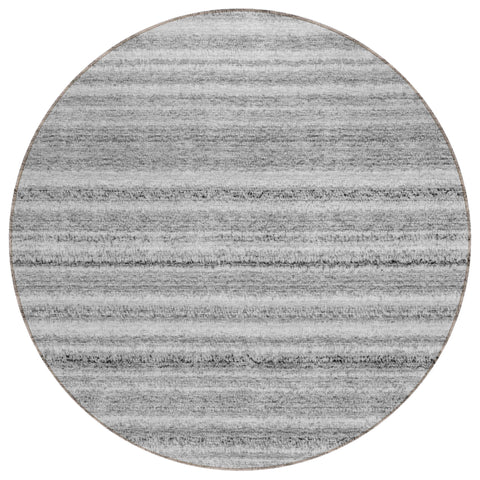 8' Gray Silver And Charcoal Round Striped Washable Indoor Outdoor Area Rug
