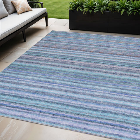 5' X 8' Sky Blue And Navy Blue Striped Washable Indoor Outdoor Area Rug