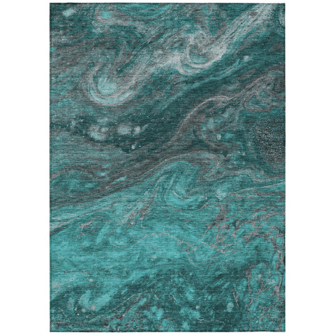 5' X 8' Teal Blue Aqua And Gray Abstract Washable Indoor Outdoor Area Rug