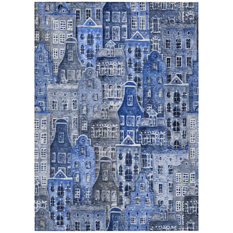 3' X 5' Navy Blue And Sky Blue Village Houses Washable Indoor Outdoor Area Rug