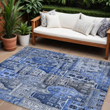 8' X 10' Navy Blue And Sky Blue Village Houses Washable Indoor Outdoor Area Rug