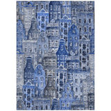 8' X 10' Navy Blue And Sky Blue Village Houses Washable Indoor Outdoor Area Rug