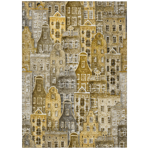 8' X 10' Brown Taupe And Gold Village Houses Washable Indoor Outdoor Area Rug