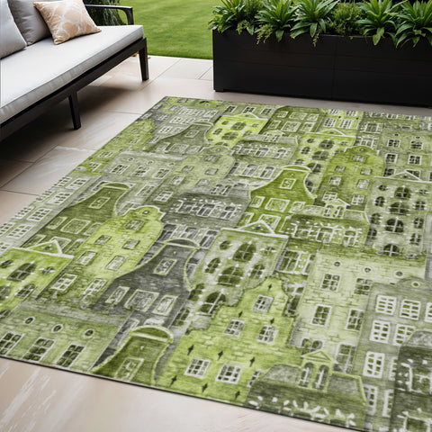 5' X 8' Green And Lime Green Village Houses Washable Indoor Outdoor Area Rug
