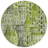 8' Green And Lime Green Round Village Houses Washable Indoor Outdoor Area Rug